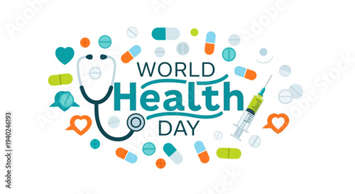 World Health Day celebration with medical symbols and health-related items, promoting global well-being and healthcare awareness