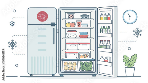 Modern refrigerator with food and drinks inside, open door showing organized storage