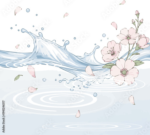 Create a realistic Clear water, flowers vector art with white background..