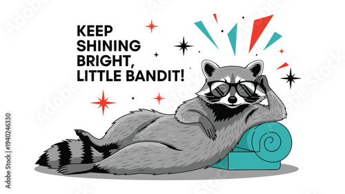 Cool raccoon wearing dark sunglasses relaxes on a blue sofa with a motivational message about shining bright.