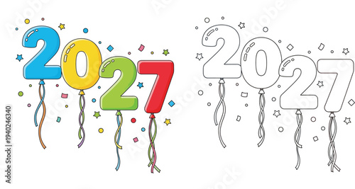 2027 Happy New Year Balloon Numbers Vector Illustration, Colorful and Black and White Outline Coloring Page Design with Confetti