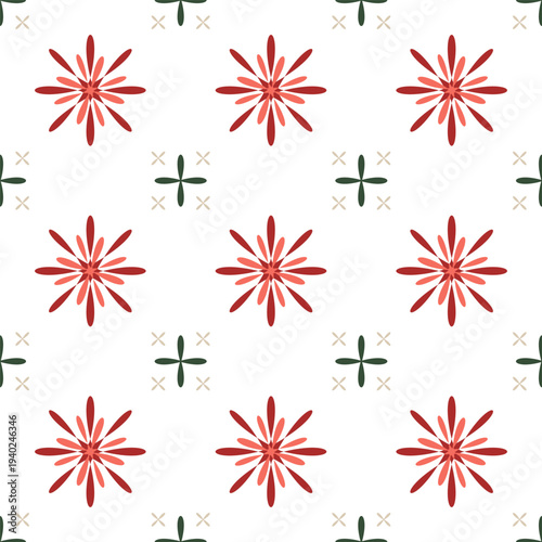 Seamless Retro Starburst Floral Pattern with Cross Motifs. Red Vector Background Seamless Pattern for Textile Print, Fabric, Wallpaper, Wrapping Paper and Surface Design
