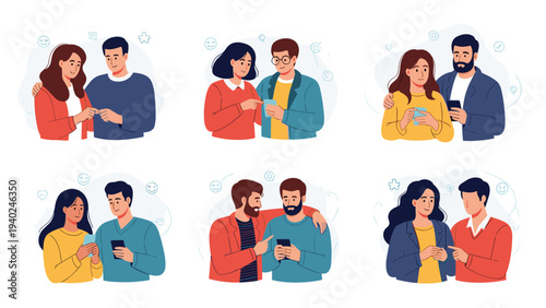 Set of various couples happily interacting with their smartphones and sharing content on their mobile devices.