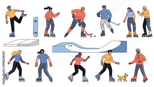 Large set of diverse people enjoying various skating activities like rollerblading skateboarding and ice hockey.