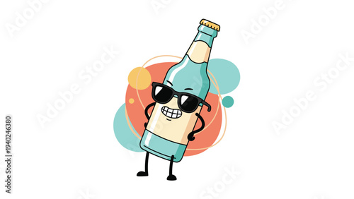 Funny character illustration of a blue glass bottle wearing cool sunglasses and posing on a bright background.