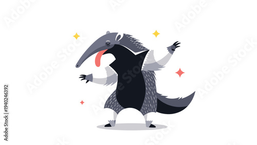 Whimsical illustration of an anteater dancing with its long tongue out surrounded by little sparkling stars.