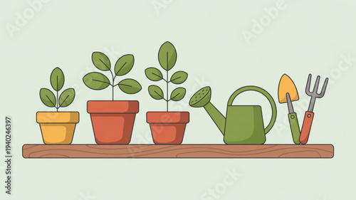 Colorful potted plants on a wooden shelf with gardening tools and a watering can for home decoration and gardening concepts