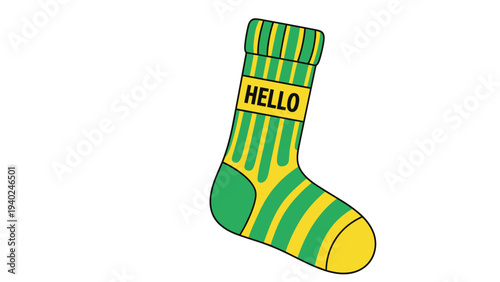 Green and yellow striped winter sock featuring a hello message on a label shown as a simple isolated graphic on white background.