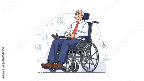 Smiling elderly man sitting in modern motorized wheelchair with various accessibility and medical icons floating in the background.