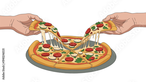 Close up of two human hands pulling cheesy slices from a fresh pepperoni and vegetable pizza on a dark serving board background.