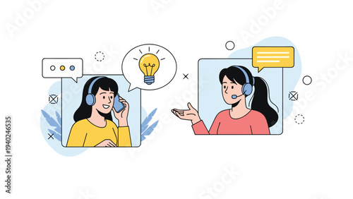 Two female operators or friends wearing headsets talking to each other through digital windows with speech bubbles and ideas.