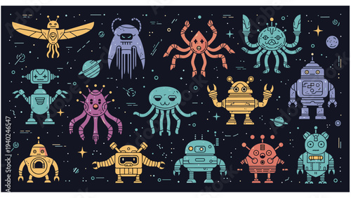 Large collection of diverse robot and alien characters with various shapes and limbs set against a dark starry space background.
