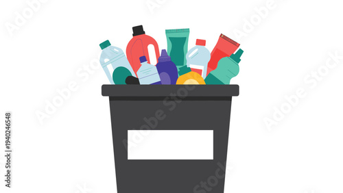 Dark grey trash bin overflowing with various colorful plastic bottles and containers representing household waste and recycling.