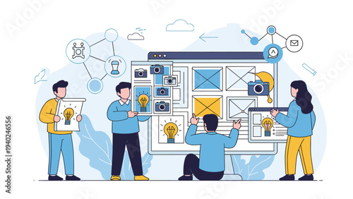 Creative team of designers collaborating on website layout and user interface development using a large computer screen display.