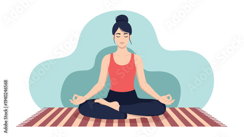 Calm woman sitting in lotus pose practicing meditation on a striped yoga mat with a peaceful abstract backdrop for wellness.