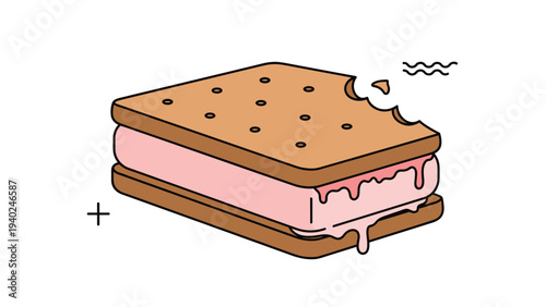 Tasty bitten ice cream sandwich with pink strawberry filling between two square chocolate biscuits on a plain background.