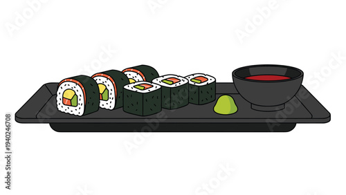 Delicious platter of various sushi rolls like california and cucumber rolls served with a bowl of soy sauce and wasabi on a tray.