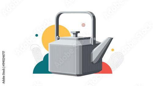 Sleek modern silver metallic teapot with a textured geometric body and a sturdy handle against an abstract background.