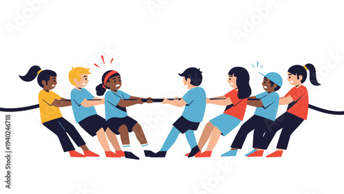 Diverse group of children playing a competitive and fun game of tug of war on a clean white background to show teamwork.