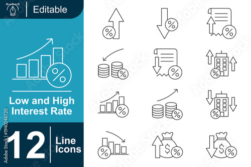 Low and high interest rate icon set. Financial percentage change, loan interest adjustment, banking rate increase and decrease, mortgage interest analysis, economic indicators, investment rate trend a