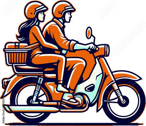Create a Realistic couple Motorsycle drive vector art with white background..