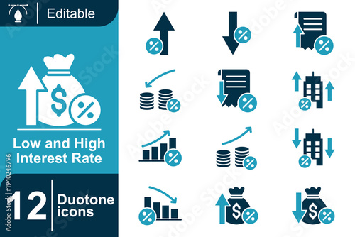 Low and high interest rate icon set. Banking interest changes, loan percentage increase and decrease, financial rate trends, mortgage analysis, economic indicators, investment interest movement and mo
