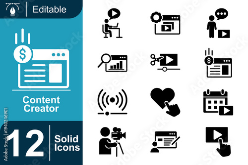 Content creator icon set. Digital content creation, video production tools, social media influencer marketing, online streaming broadcast, multimedia creator workspace and more. Solid vector icons col