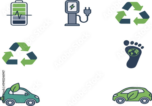 Create a realistic Electric vehicle EV icon set. Includes battery health, charging station, recycling, carbon footprint, and green transport icons. Perfect for sustainable projects, eco vector art.