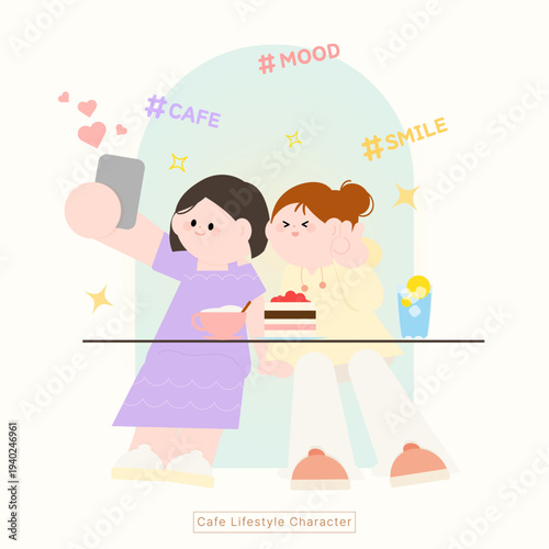 즐겁게 디저트를 먹으며 함께 셀카를 찍는 여성 캐릭터들