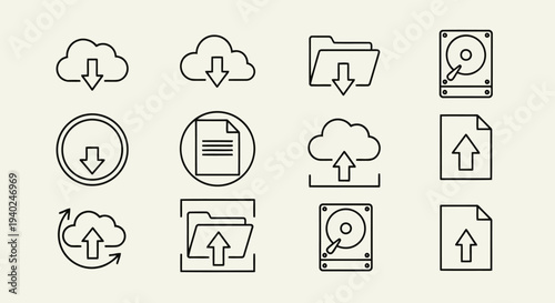 Collection of cloud and file storage icons including upload download sync and folder icons representing data management cloud computing and digital file transfer services