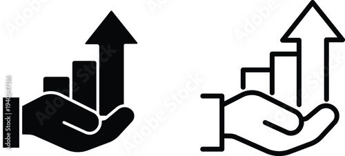 A hand holding a bar chart with an upward arrow, symbolizing business growth, financial success, and positive market trends.