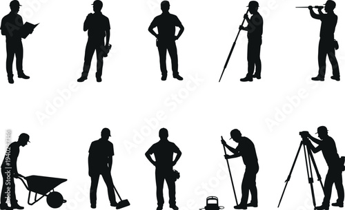 Construction workers silhouettes set, surveyor tripod engineer builder laborer wheelbarrow tools measuring equipment industry people collection isolated vector style black