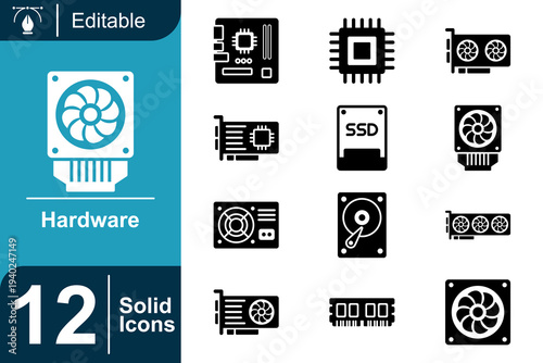 Hardware icon set. Computer hardware components, processor chip, SSD storage, graphics card system, motherboard technology, RAM memory module, cooling fan device and more. Solid vector icons collectio