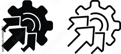 Vector illustration of a gear with incoming arrows and radiating signals, representing data processing, system integration, or technological input and output.