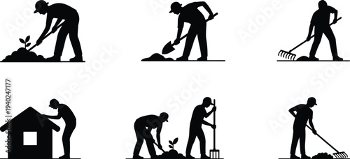 Gardener worker silhouettes planting digging raking garden tools set, landscaping laborer outdoor workforce isolated black silhouette collection