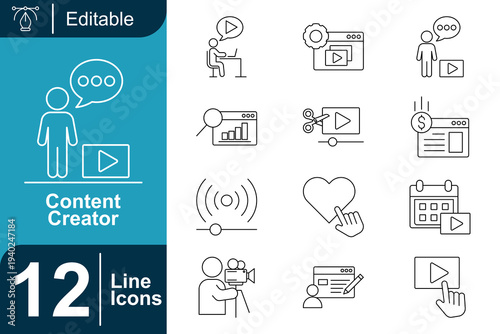 Content creator icon set. Digital content production, video creator tools, social media influencer, online streaming, video editing, content marketing, multimedia production and more. Line vector icon