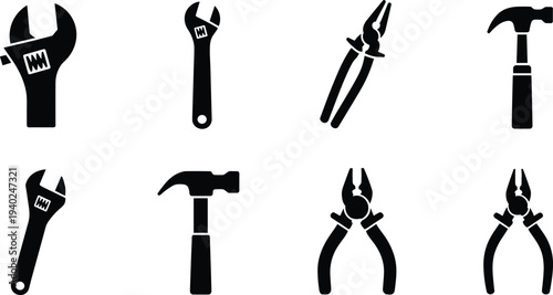 Hand tools silhouettes set with wrench hammer pliers icons, construction repair equipment collection isolated black silhouette design