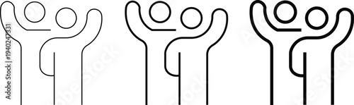 Three minimalist line art icons showing two stylized figures with arms raised, representing unity and shared success.