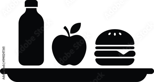 A tray with a bottle, an apple, and a hamburger