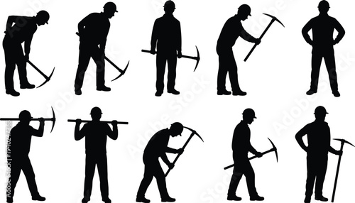 Miner worker silhouettes set, mining laborer with pickaxe tools, industrial excavation workers collection isolated black silhouette mining industry concept