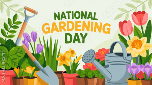 National gardening day illustration with colorful flowers gardening tools and potted plants