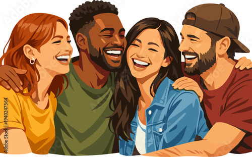 Create a realistic Happy Diverse Friends Sharing a Genuine Moment of Connection vector art with white background..