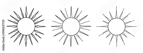 Black geometric sun line art with stylized radiating rays against clean white background – versatile design for branding, invitations, and digital graphics