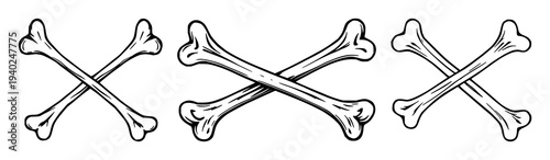 Black line art illustration of two crossed human bones set against crisp white background, perfect for safety, medical, or gothic design projects
