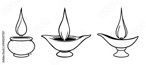 Delicate black line drawing of a small clay oil lamp on a pristine white background – ideal for vintage lighting illustrations in craft design projects