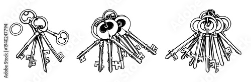 Black line art illustration of a bundle of antique skeleton keys on white background, stylized key cluster for vintage design, logos, and packaging