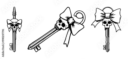 Intriguing Line Art Illustration of a Metal Key with a Skull Bow on a Clean White Background, Perfect for Mystery and Fantasy Themes