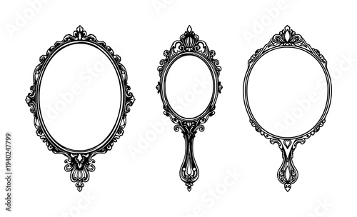 Elegant black line art illustration of an ornate silver hand mirror set against a pristine white background – ideal for vintage jewelry designs