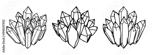 Minimalist Black and White Line Art Illustration of Clear Quartz Crystal Cluster on a Clean White Background for Spiritual and Holistic Design