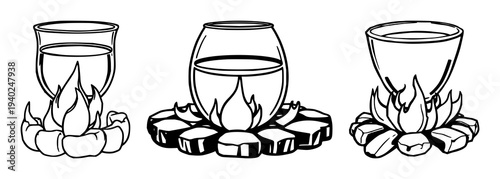 Black line art illustration of a glass crucible over a flame with detailed silhouette on white background – ideal for science, chemistry, laboratory